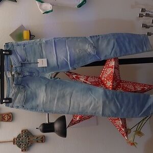 Light wash low rise skinny ankle jeans with destroyed knee